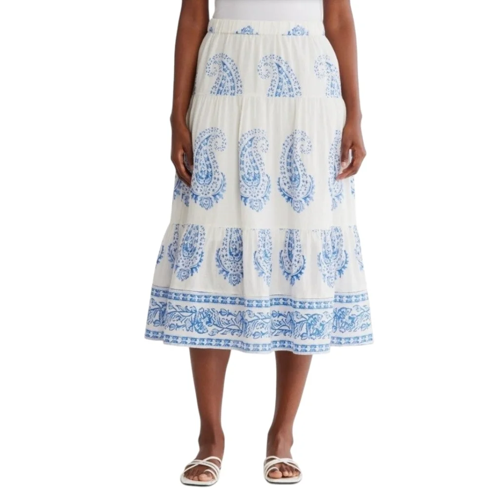 Lucky Brand Sleeveless Top Midi Skirt Set Cotton Paisley Print White Blue XL NWT